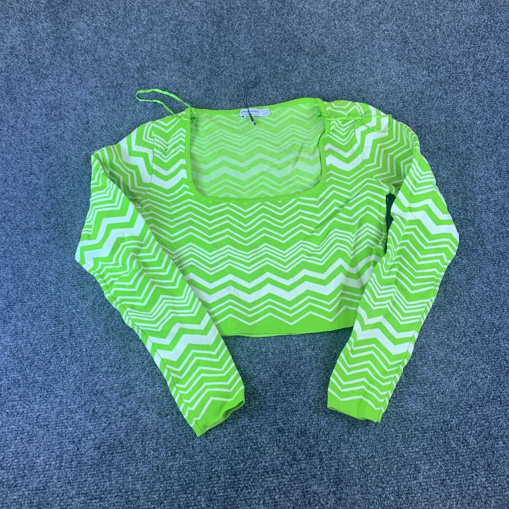 Stradivarius Cropped Blouse Womens XS Green White Chevron Square Neck Good Knit